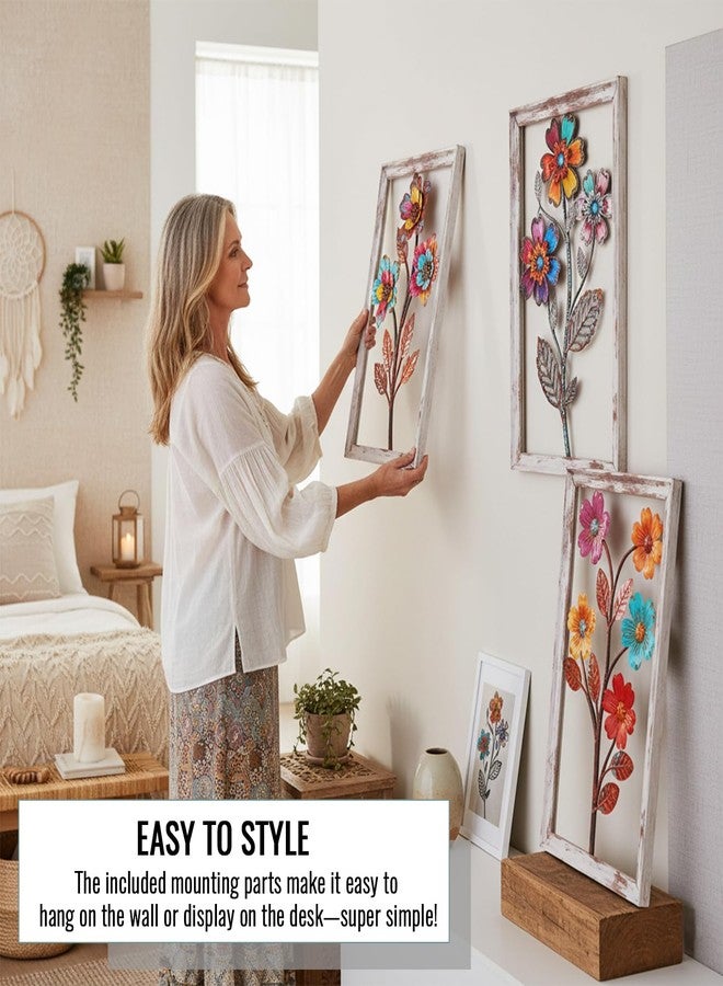 Newinhome لوحة جدارية معدنية على شكل زهور، ثلاث قطع، ديكور جداري ثلاثي الأبعاد على طراز بوهيمي، ديكور جداري ريفي على شكل زهور، ديكور حمام بوهيمي، لوحة جدارية معدنية لغرفة المعيشة، غرفة النوم، الحمام وغرفة الطعام، هدية مثالية للمنزل الجديد - Image 5